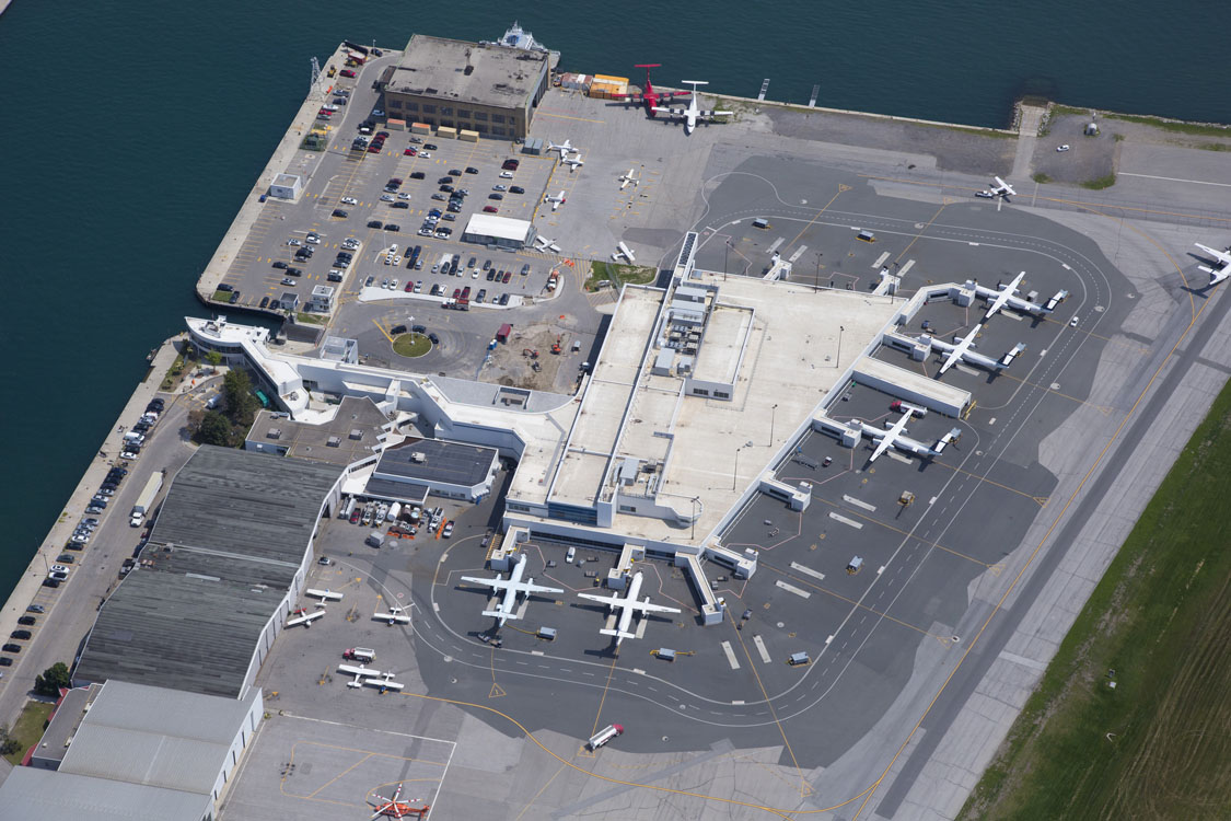 An aerial view of an airport.