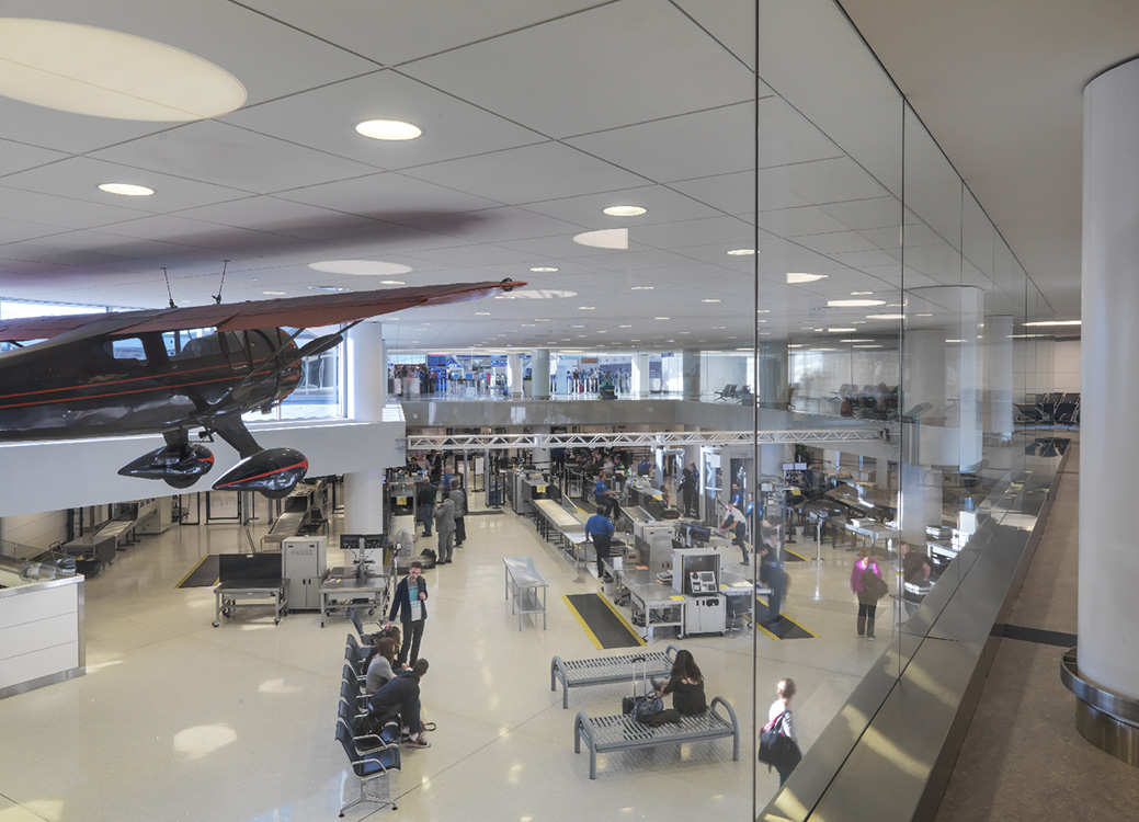 A plane hanging from the ceiling.