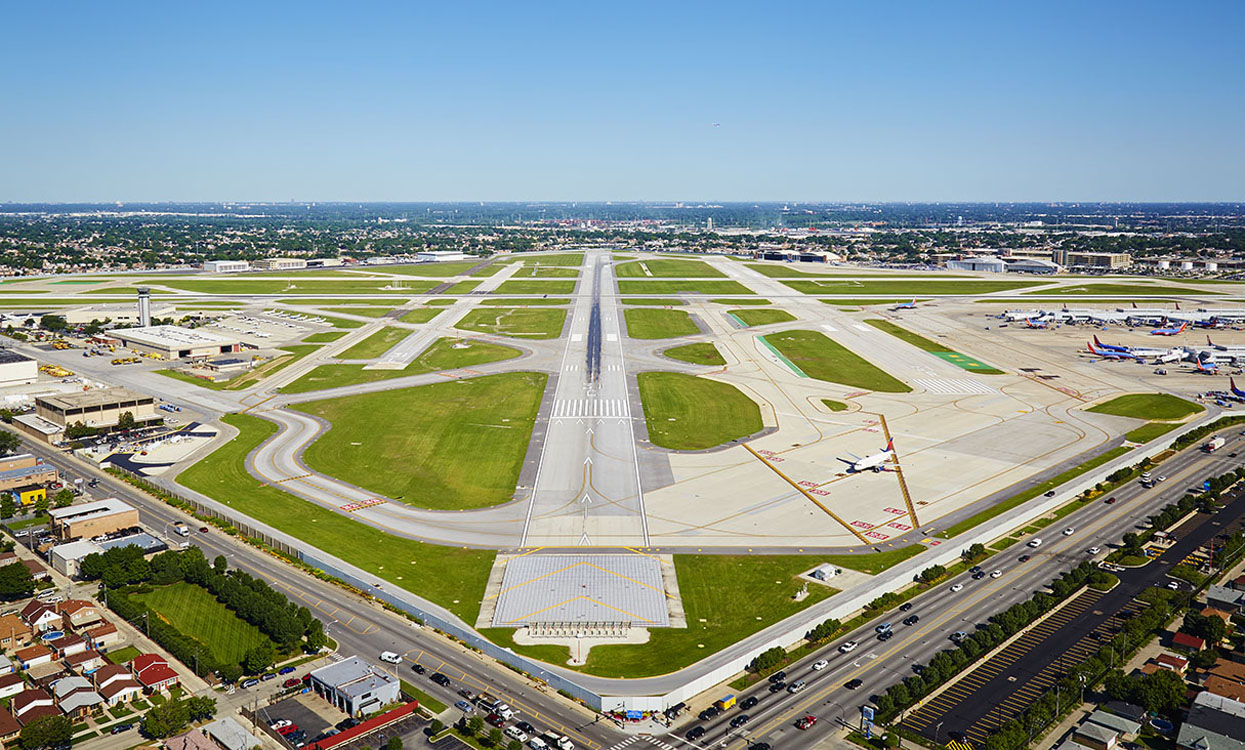 An aerial view of an airport runway.