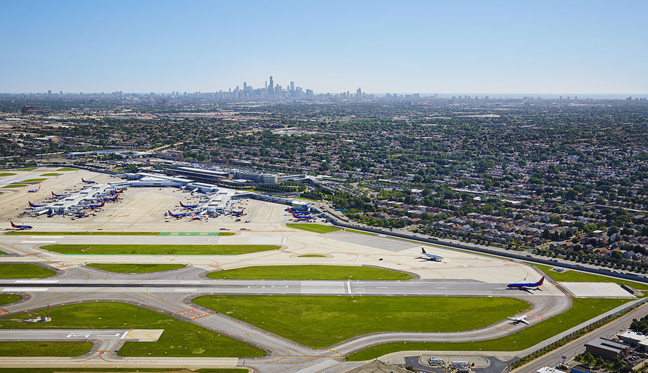 An aerial view of an airport.