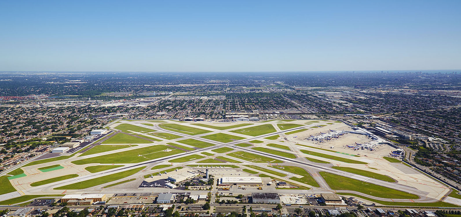 An aerial view of an airport.