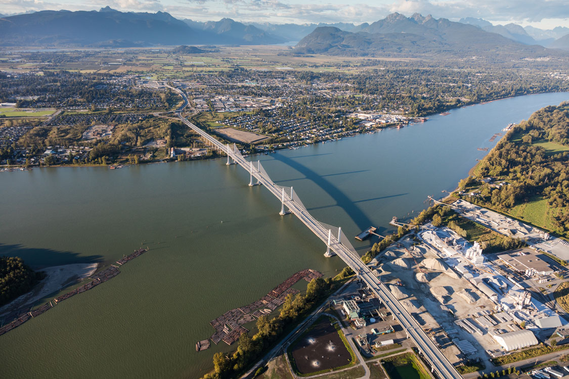 An aerial view of a bridge over a river.