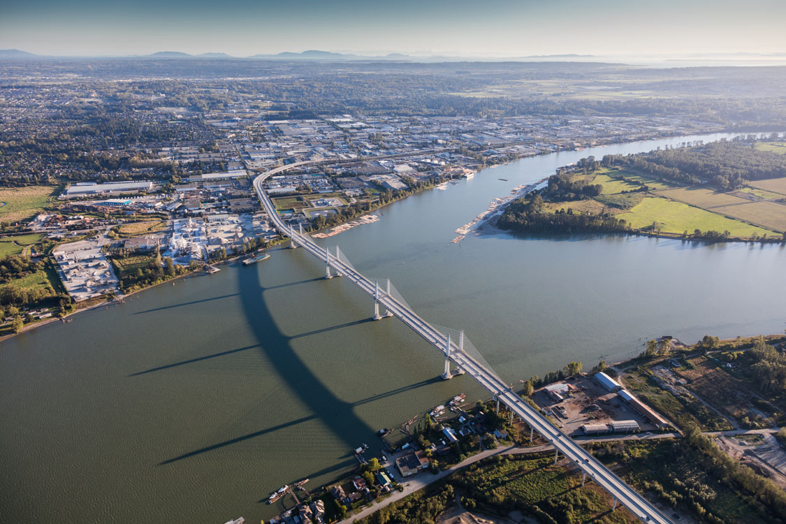 An aerial view of a bridge over a river.