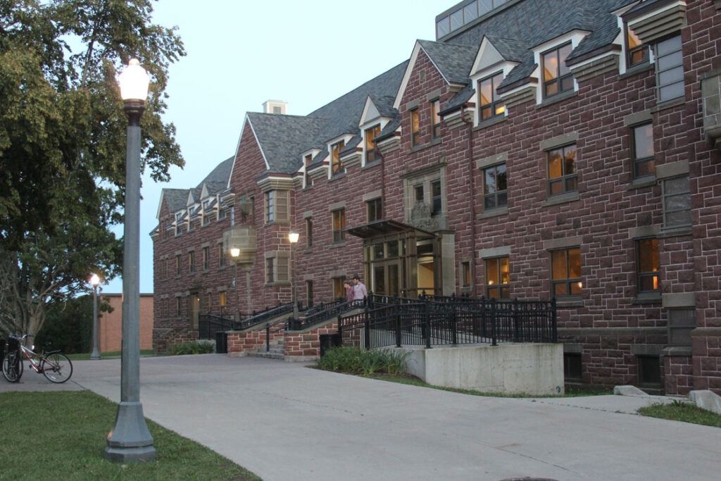 A red brick building.