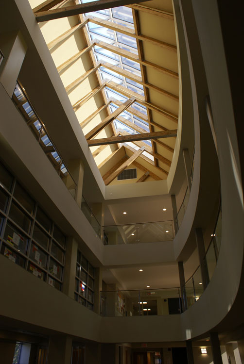 An atrium in a building with a skylight.