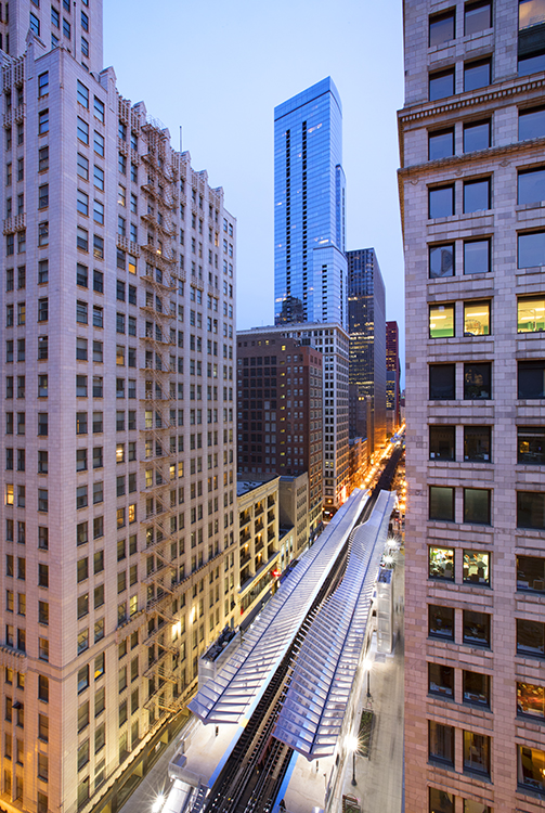 A view of a city at dusk.