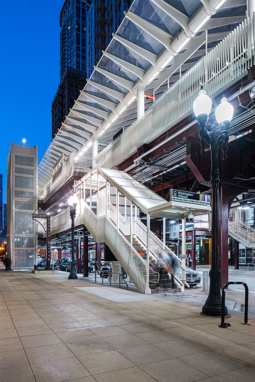 A train station at night.