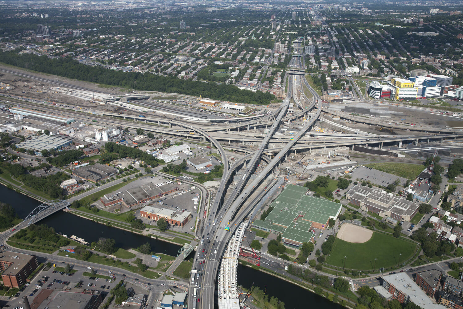 An aerial view of a highway intersection.