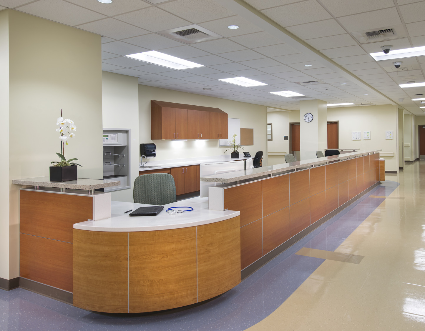 A wooden counter in a medical office.