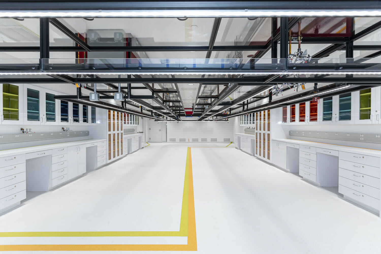 A lab with white cabinets and yellow walls.