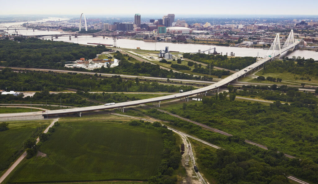 An aerial view of a bridge over a river.