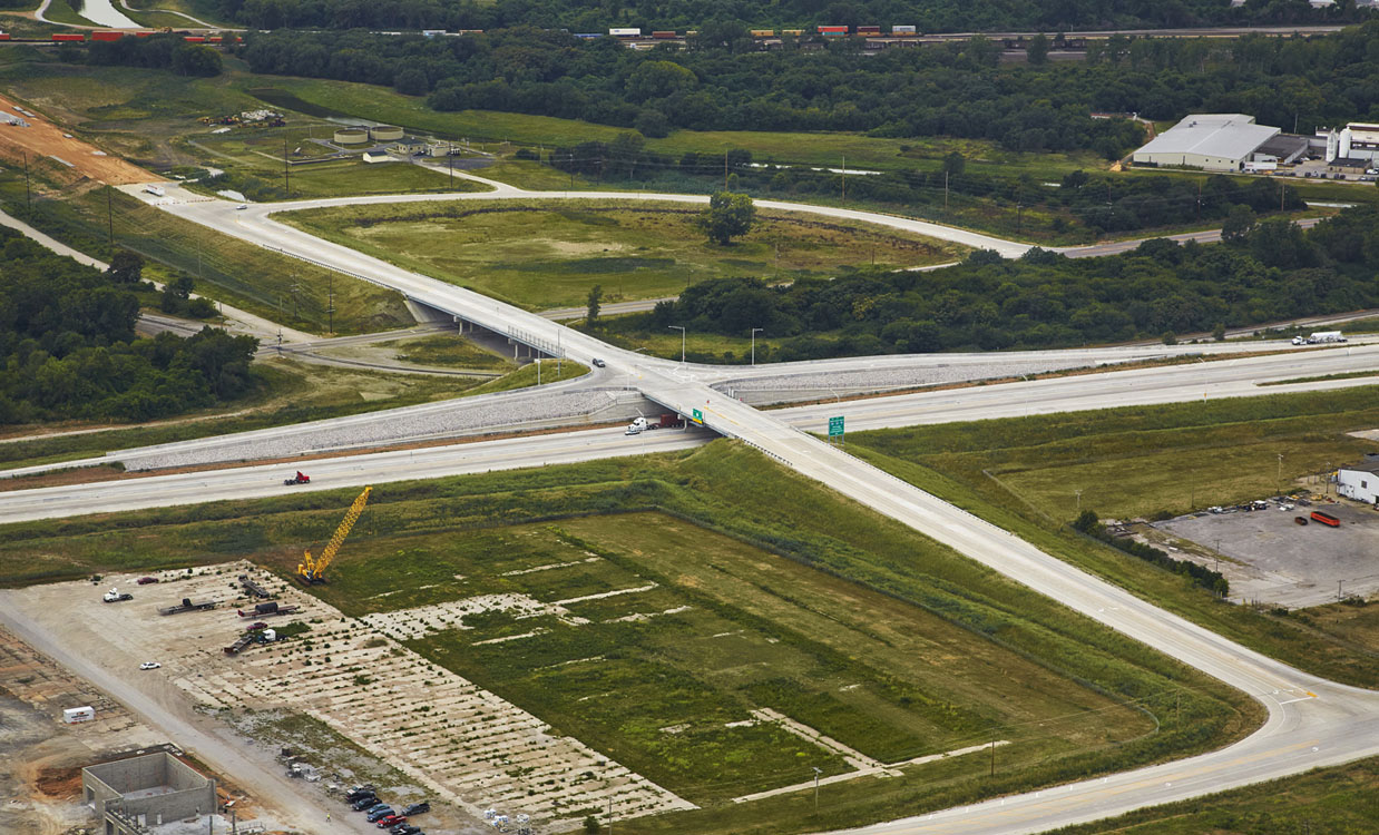 An aerial view of a highway intersection.