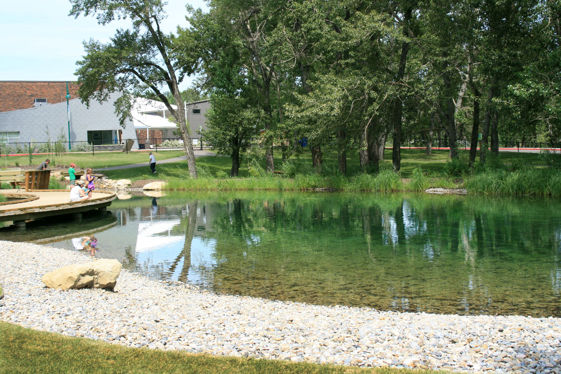 A pond in a park.