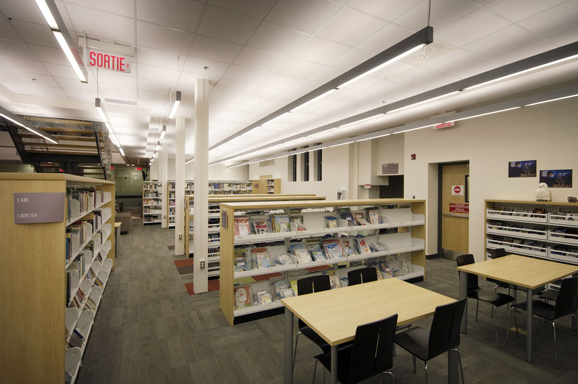 A library with a lot of books.