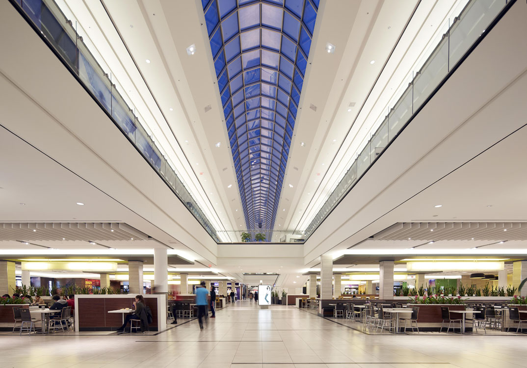 A glass ceiling in a shopping mall.