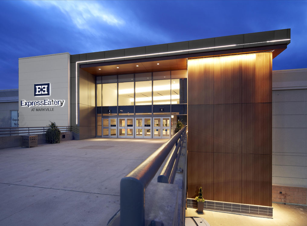 The entrance to a building at night.