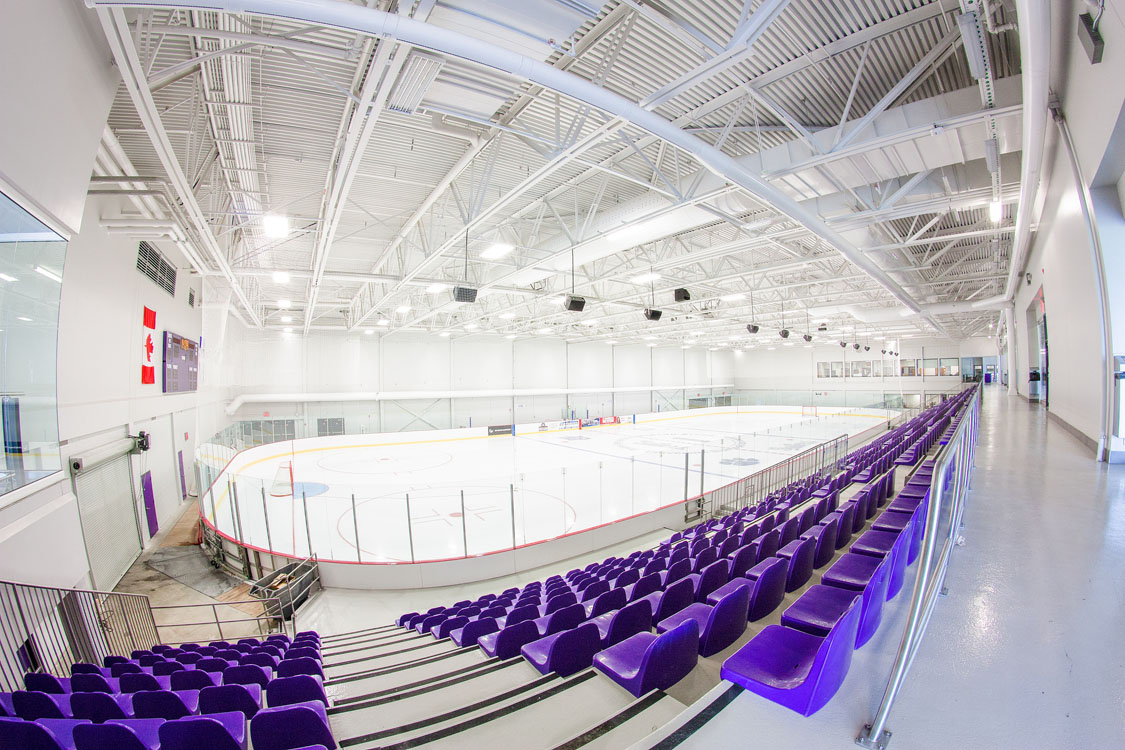 An indoor ice rink with purple seats.