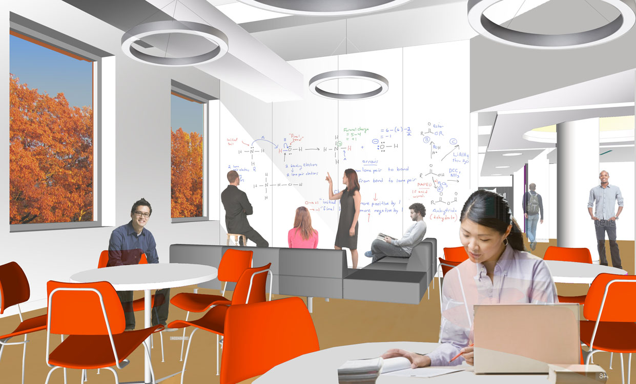 A rendering of an office with people working on laptops.
