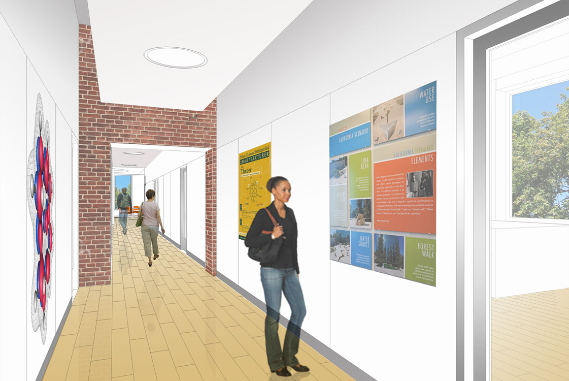 An artist's rendering of a hallway with posters on the walls.