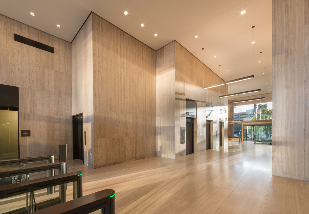 The lobby of a modern office building.