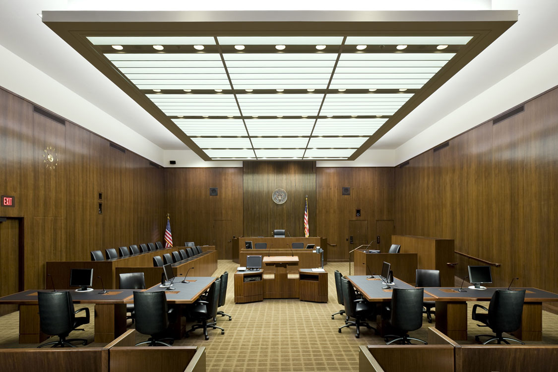 A courtroom with a ceiling.