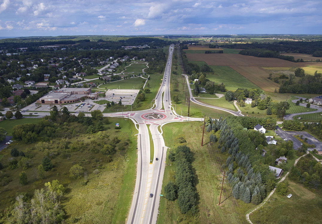 An aerial view of a highway intersection.