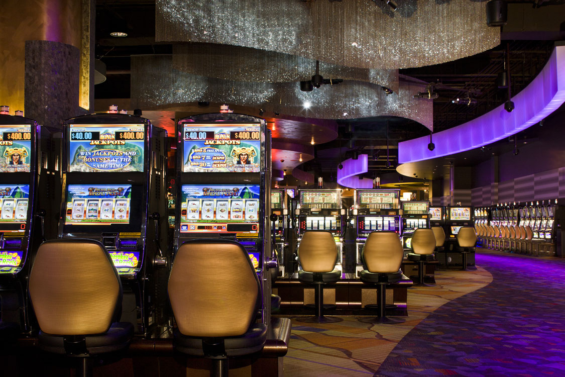 A row of slot machines.