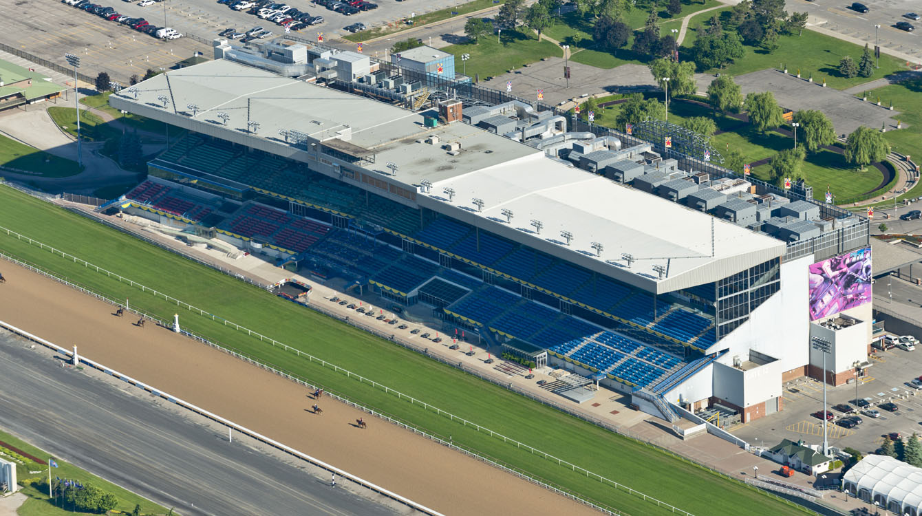 An aerial view of a horse race track.