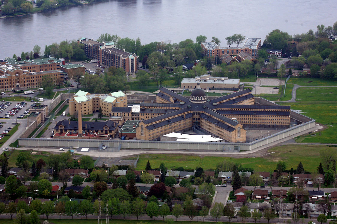 An aerial view of a large building.