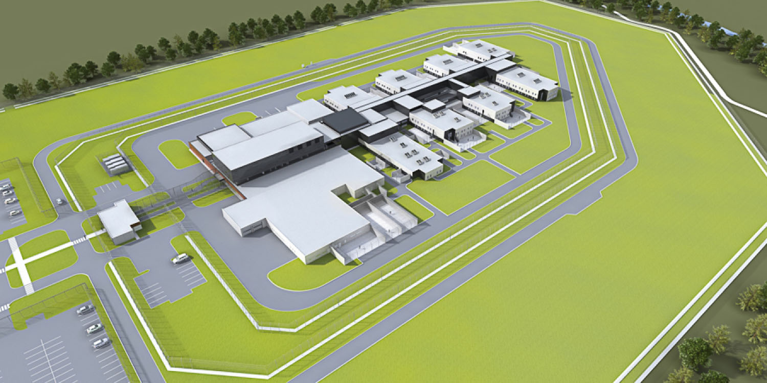 A 3d rendering of a prison facility.