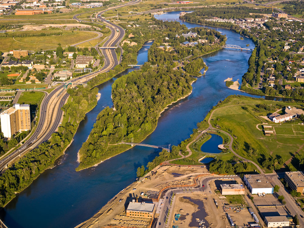 A river in the middle of a city.