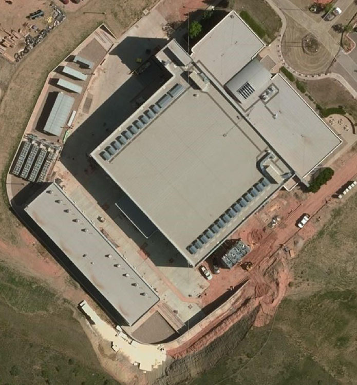 An aerial view of a large building.
