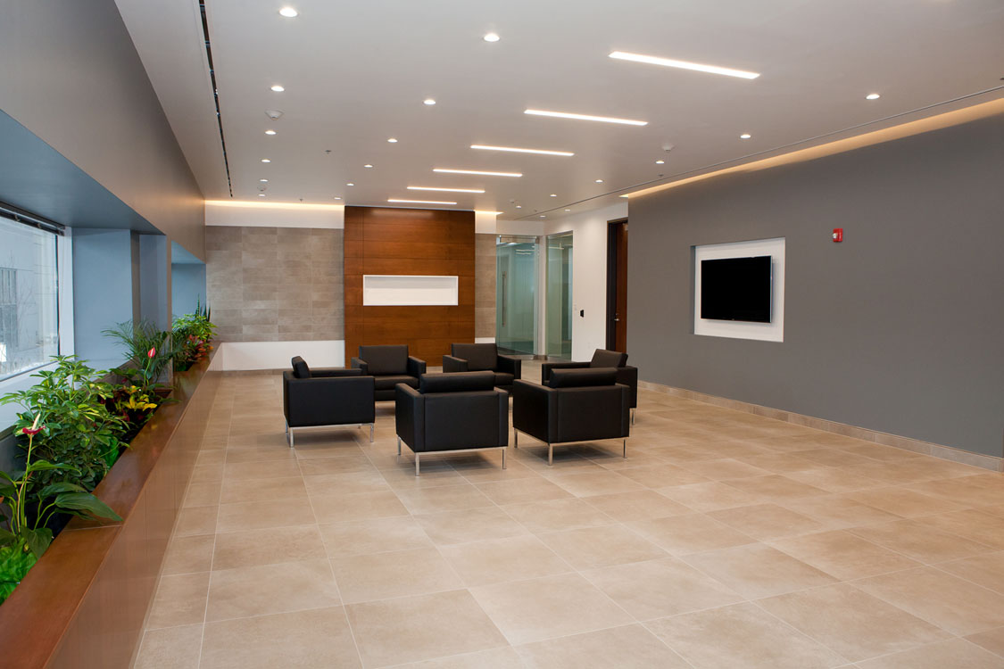 The lobby of a modern office building.