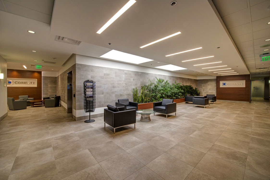 The lobby of a modern office building.