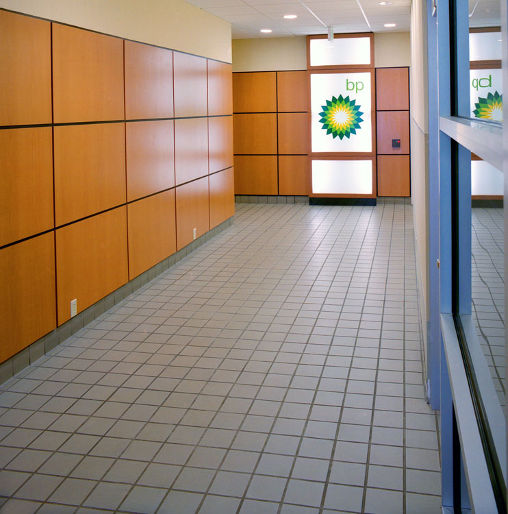 A hallway with a bp logo on it.
