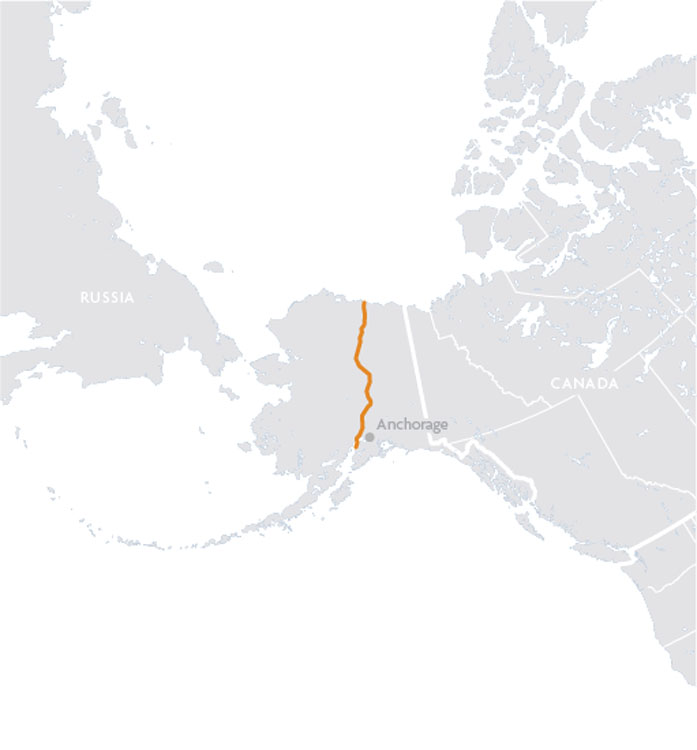 A map showing the route of the alaska rail line.