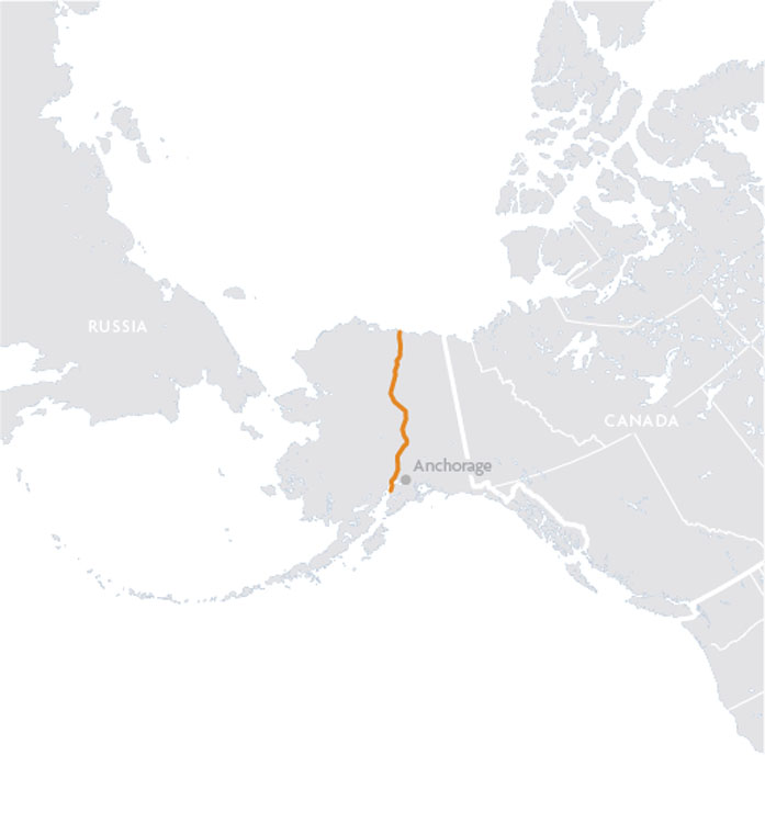 Une carte montrant le tracé de la ligne ferroviaire de l'Alaska.