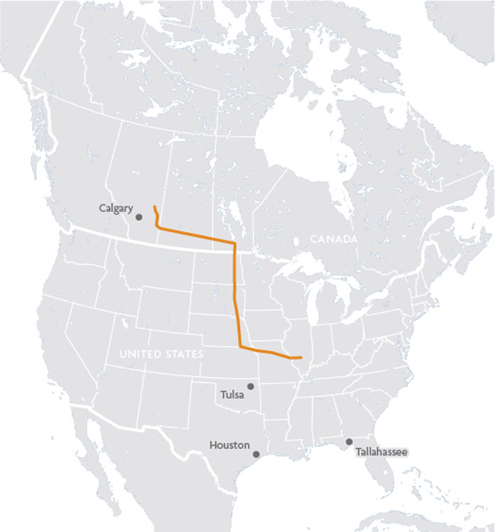 A map showing the route of the canadian pipeline.