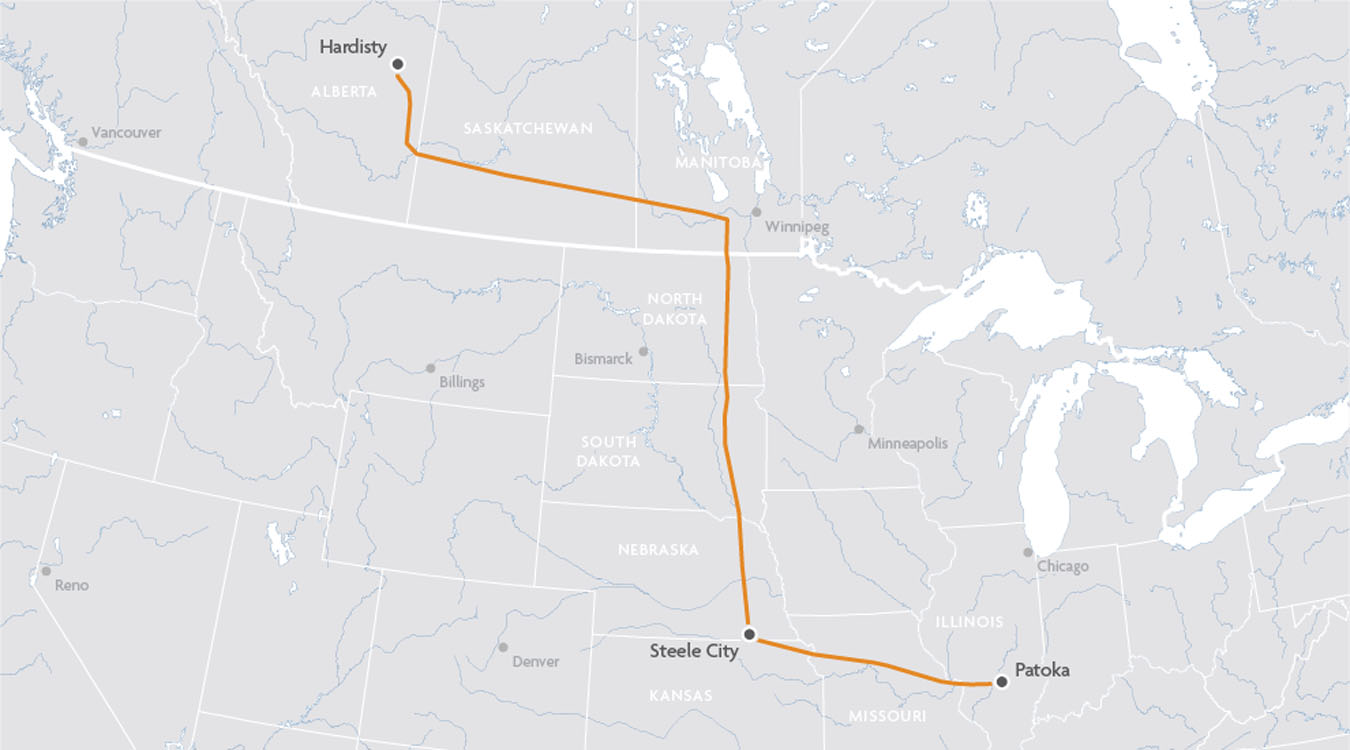 A map showing the route of a pipeline.