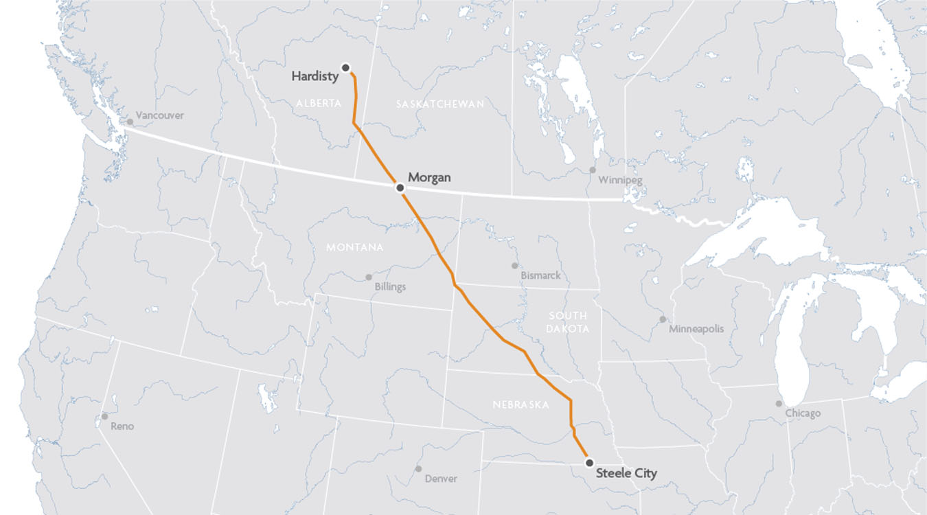 A map showing the route of a pipeline.