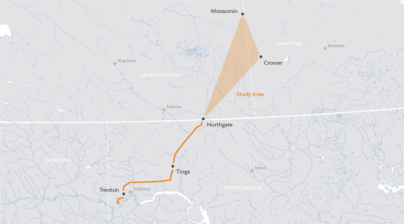 A map showing the route of a pipeline.