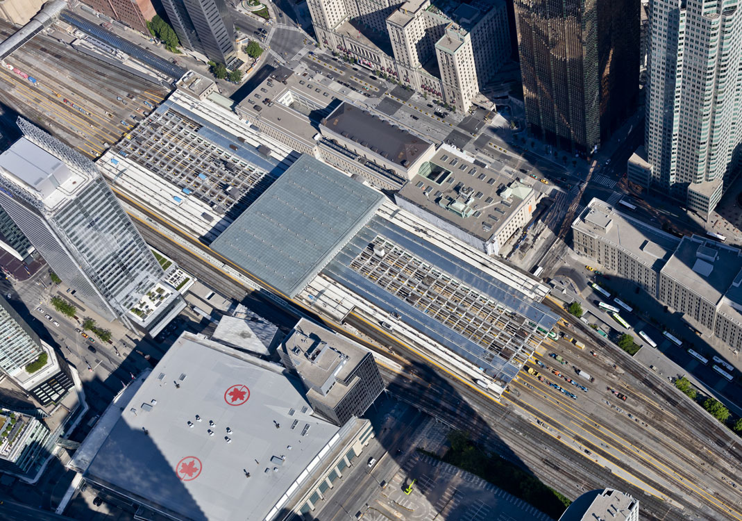 An aerial view of a train station in toronto.