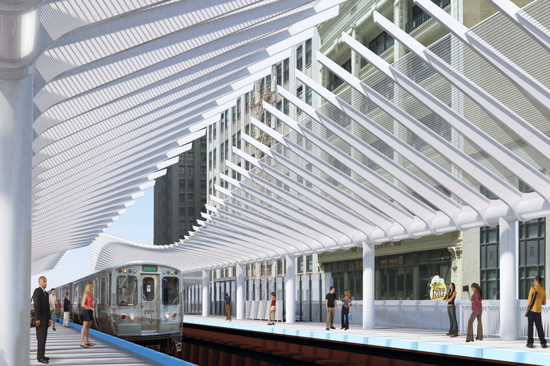 An artist's rendering of a train station.
