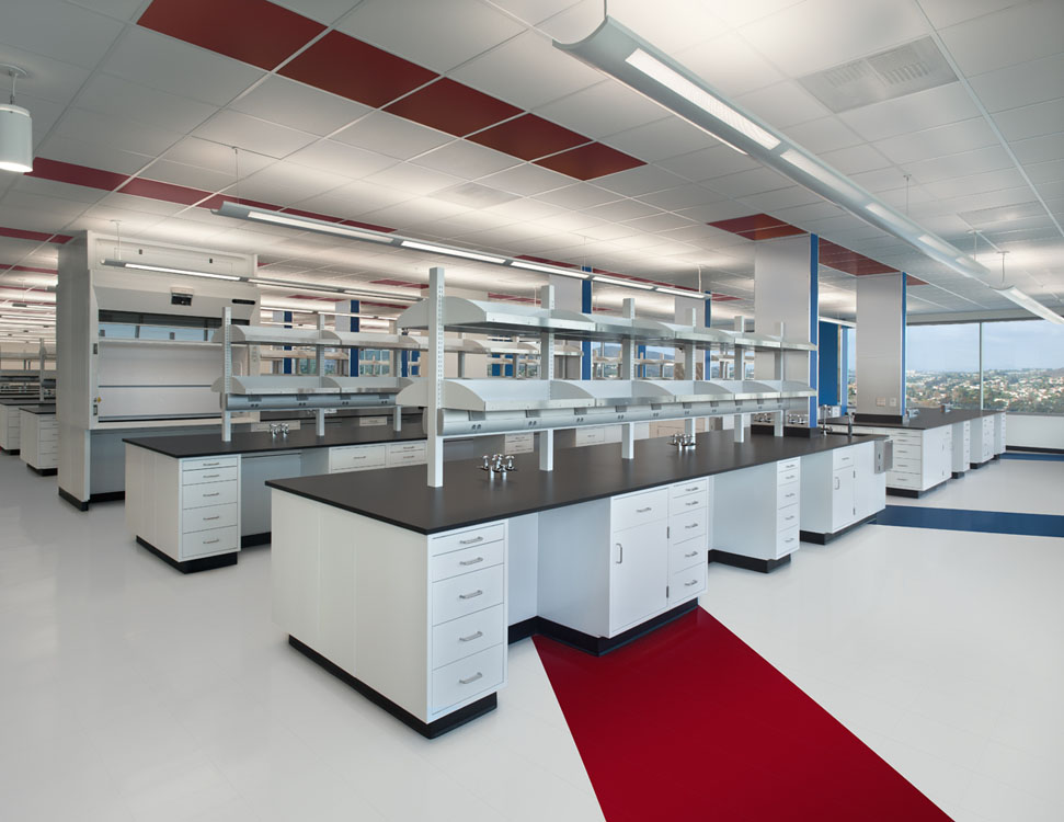 Un laboratoire blanc avec des sols rouges et bleus.