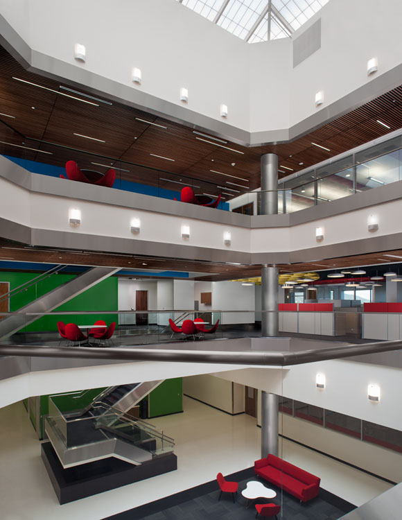 The atrium of a modern office building.