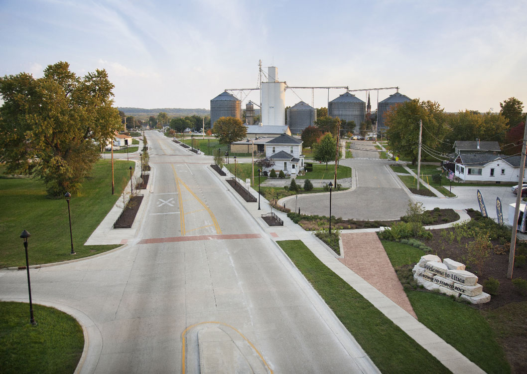 An aerial view of a street in a town.