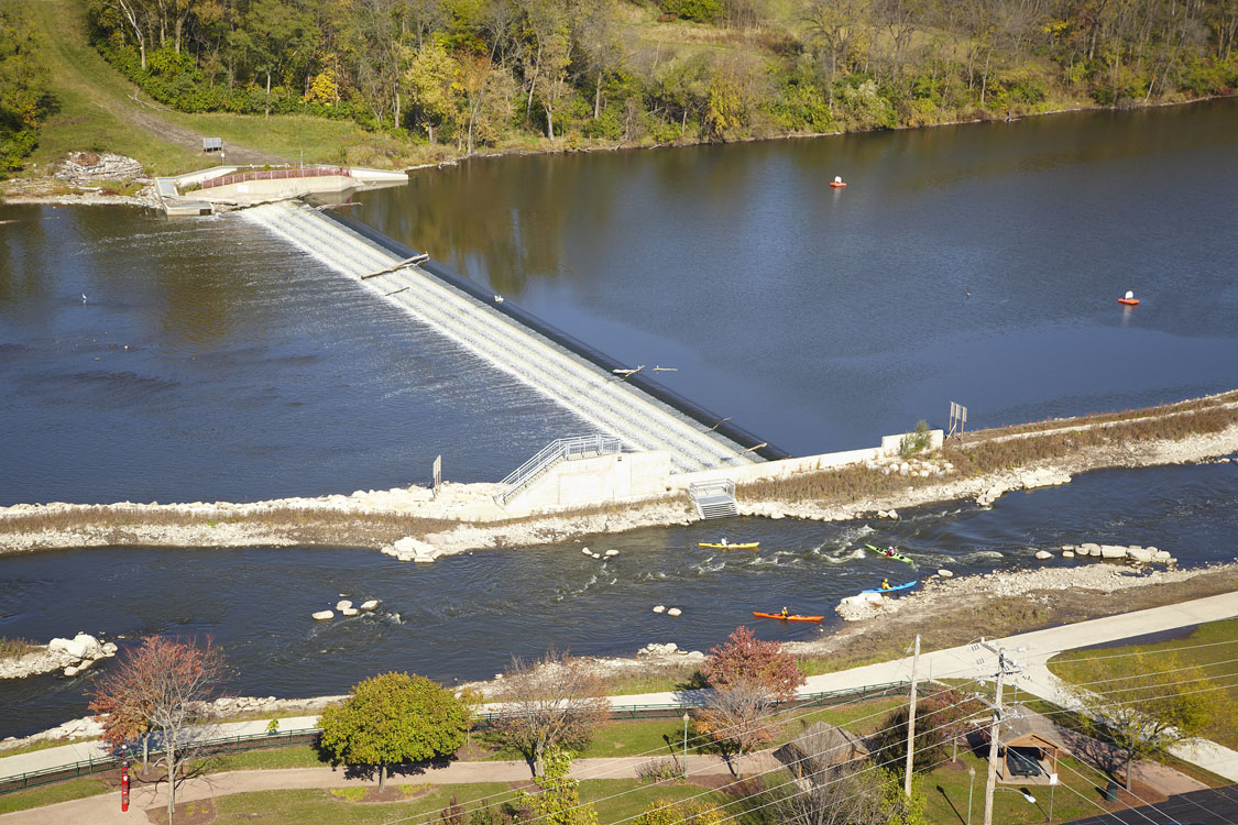 An aerial view of a bridge over a river.
