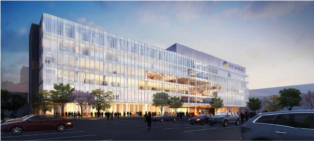 A rendering of a building with a glass facade.