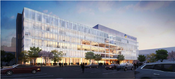 A rendering of a building with a glass facade.