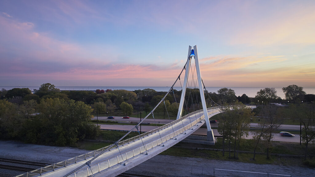 An aerial view of a bridge.